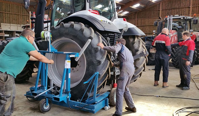 A wheel dolly is ideal for handling agricultural tyres