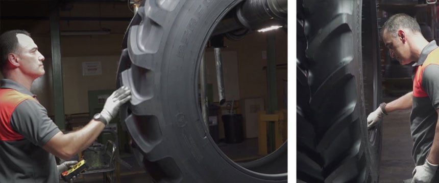 Manual quality control at Firestone during the manufacture of top-of-the-range tractor tyres