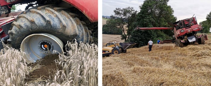 Tyre coming off the rim of a harvester due to the load being incompatible with the slope